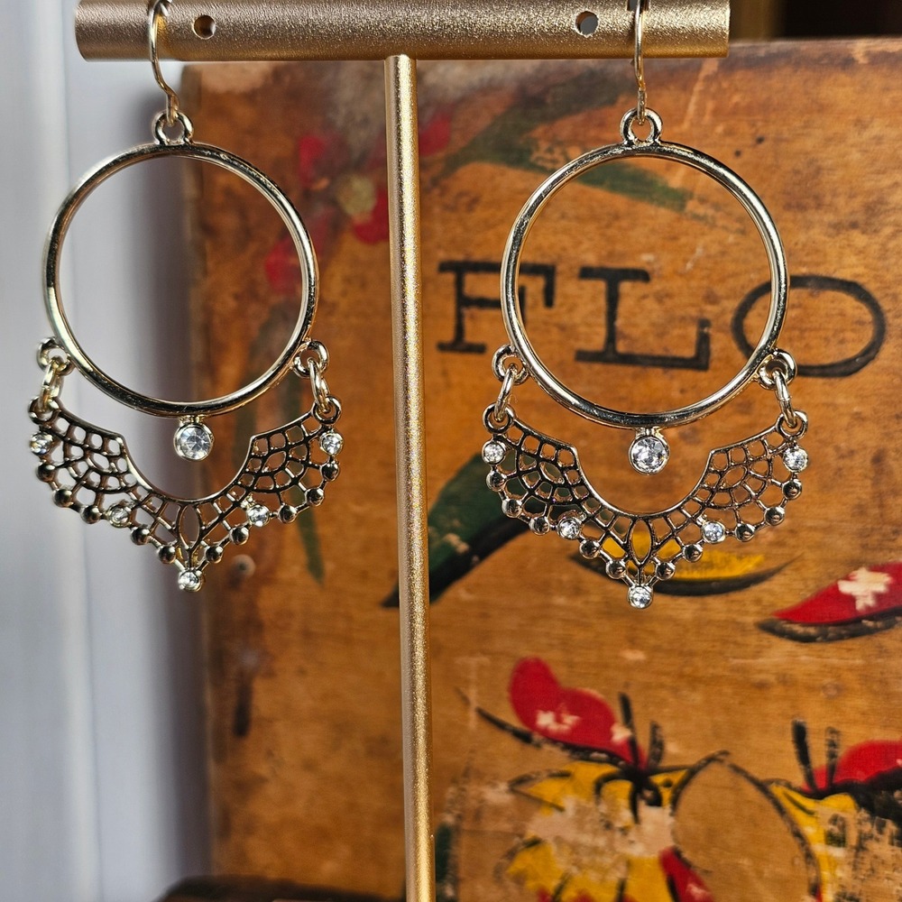 Gold Tone Rhinestone Hoop Dangle Earrings Women OS Gold Filigree Boho Chandelier